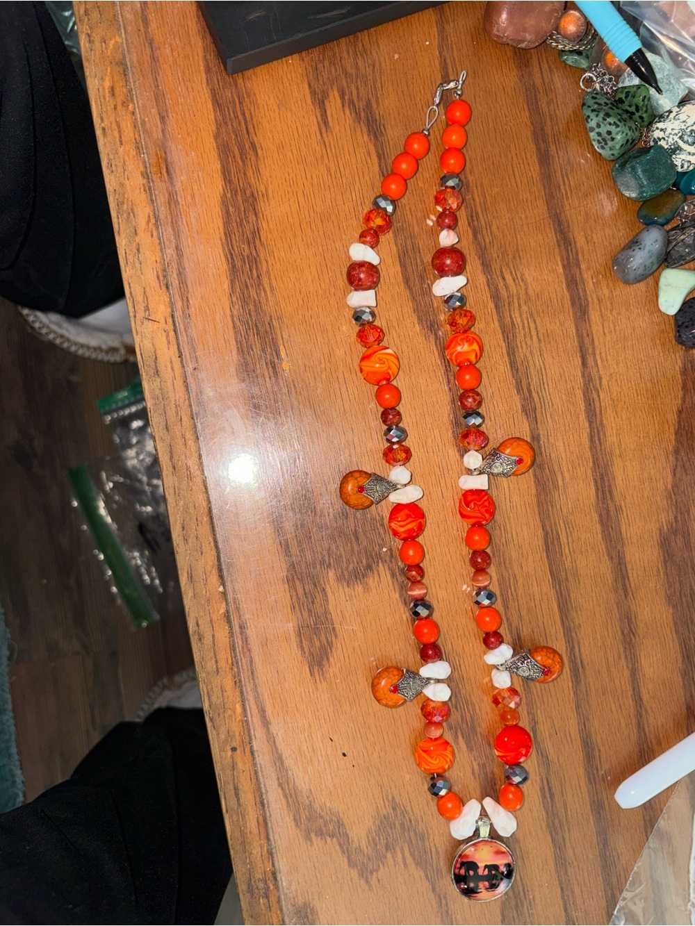 Handcrafted Orange Beaded Statement Necklace 13 3/4 inches